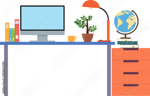 Desk, desk with monitor, books, globe, flower in a vase, table lamp. Vector, designer illustration.