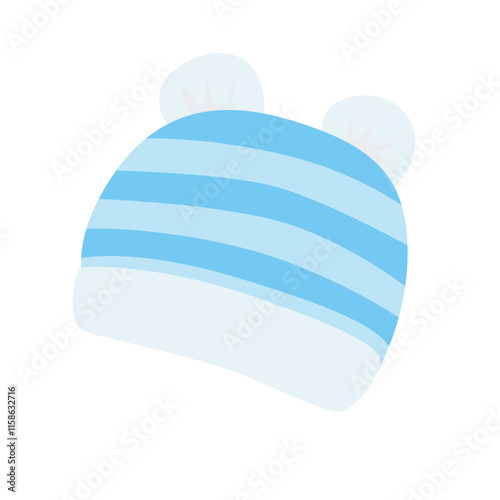 Newborn hat vector illustration in cartoon style isolated on white background. Blue baby hat clipart in flat design with bear ears and stripe pattern. Baby shower, baby element.