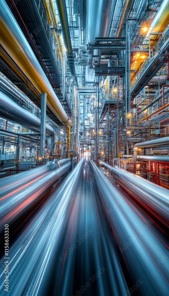 Fototapeta premium Industrial Powerhouse, Futuristic Factory Interior with Dynamically Blurred Pipes and Silhouettes