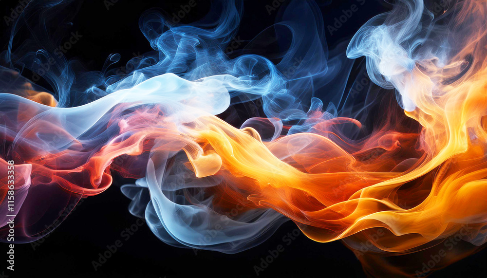 Fototapeta premium An abstract artistic composition of multicolored smoke patterns flowing gracefully against a dark background, image evokes elegance, mystery, and dynamic movement, artistic and creative