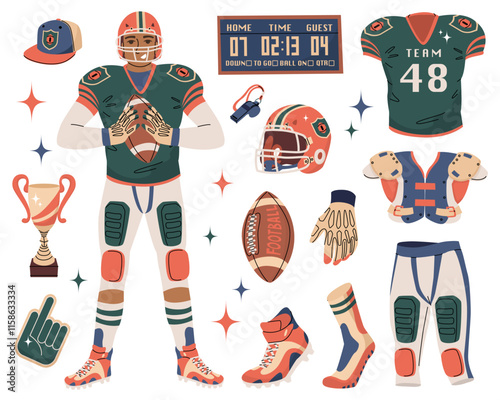 American football attributes. Sportsman suit. Team fan items. Stadium match. An athlete in full gear. Sports equipment. Vector illustration isolated on transparent background.