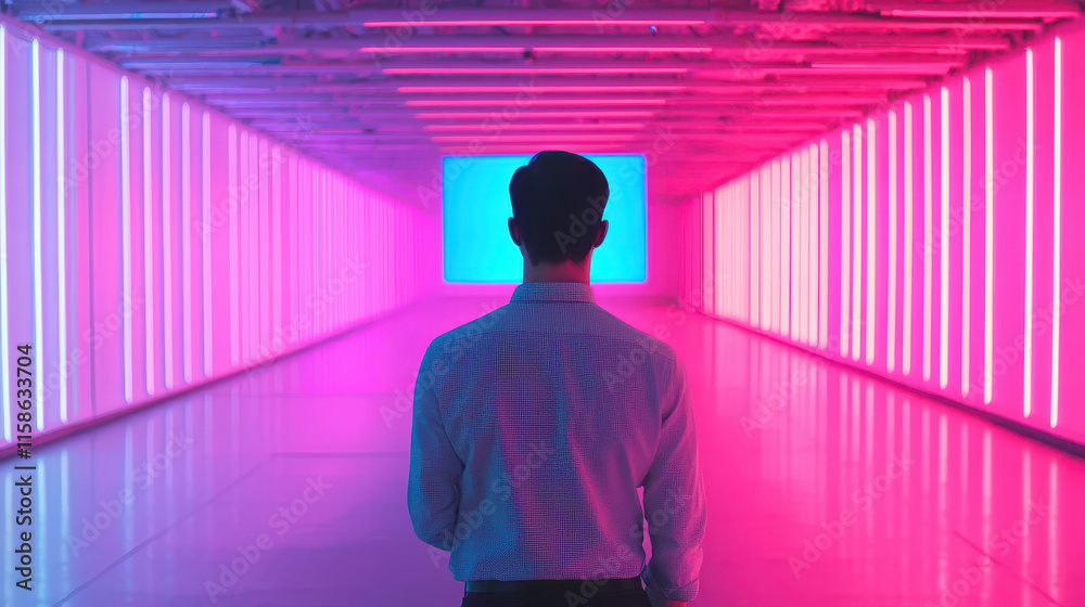 Man stands in vibrant, illuminated corridor with pink and blue lights, creating futuristic atmosphere Man stands in vibrant, illuminated corridor with pink and blue lights, creating futuristic atmosphere