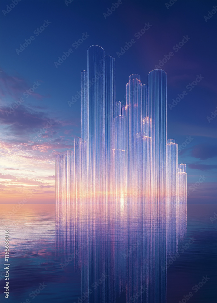 Fototapeta premium Futuristic Urban Elegance Serene Blue Horizons with Skyscraper Reflections for Modern Property Launch Aesthetic City Landscape Banner Abstract Lines Background