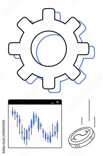 Gear, financial graph, and falling coin depict financial management and investment strategies. Ideal for finance, economics, business growth, planning, investment, profitability technical analysis