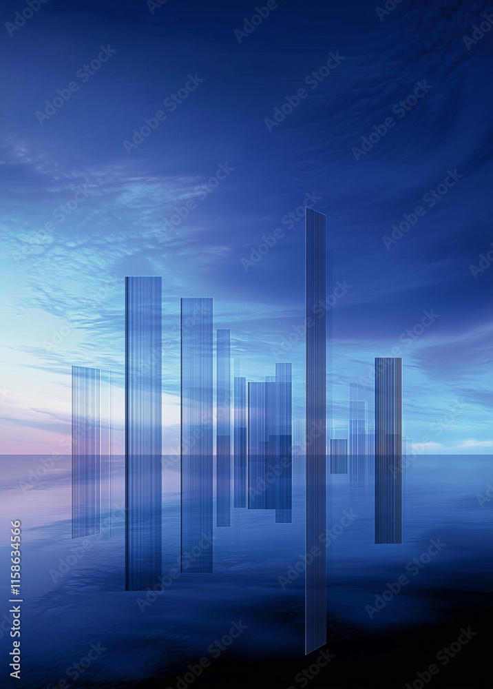 Fototapeta premium Futuristic Urban Elegance Serene Blue Horizons with Skyscraper Reflections for Modern Property Launch Aesthetic City Landscape Banner Abstract Lines Background
