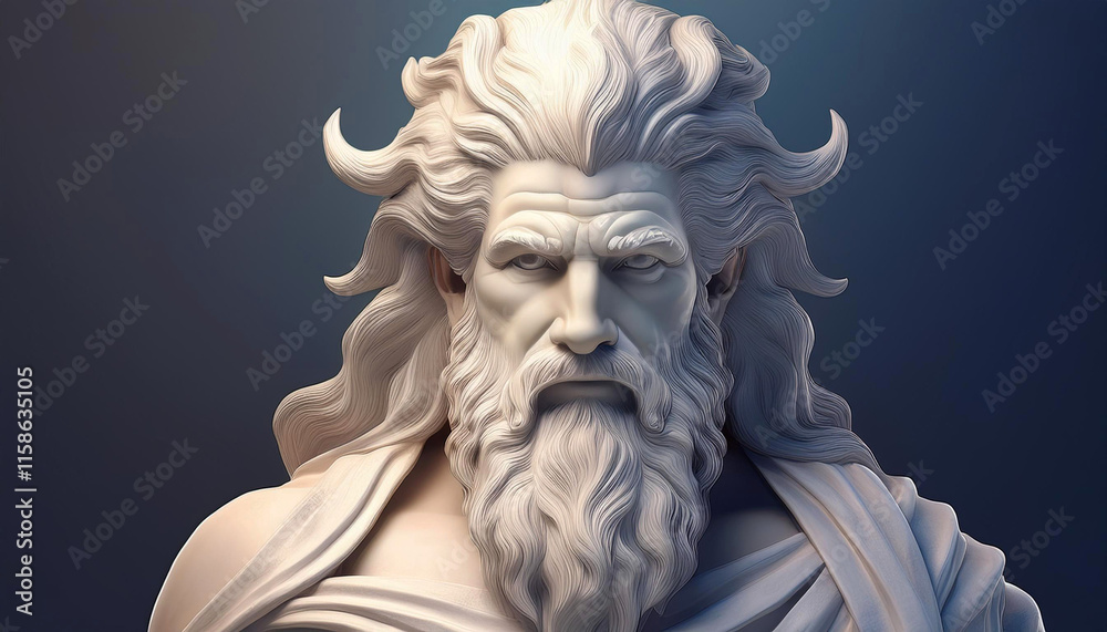 Fototapeta premium 3D white sculpture of Zeus, the Greek god of thunder, featuring intricate details of flowing hair and a majestic beard, smooth texture and minimalist design create a powerful and divine impression