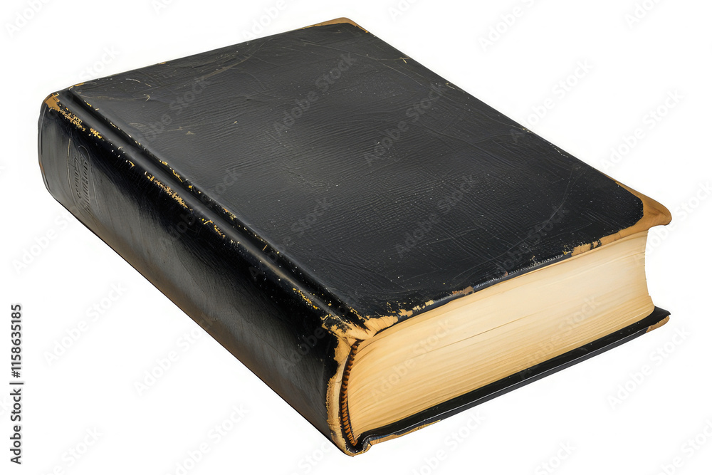 A worn black book with a textured cover, suggesting age and use. isolated on white background A worn black book with a textured cover, suggesting age and use. isolated on white background