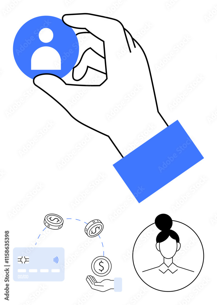 Hand holding user profile icon, credit card, dollar with arrows, and a womans avatar. Ideal for networking, financial services, e-commerce, identity verification, social media digital transactions Hand holding user profile icon, credit card, dollar with arrows, and a womans avatar. Ideal for networking, financial services, e-commerce, identity verification, social media digital transactions