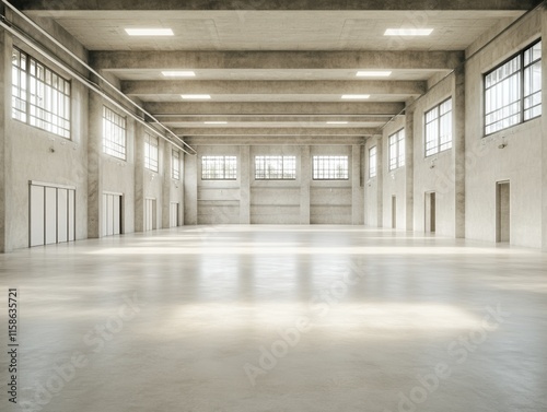 A spacious, minimalistic 3D rendering of an empty warehouse with high ceilings and large windows allowing ample natural light.