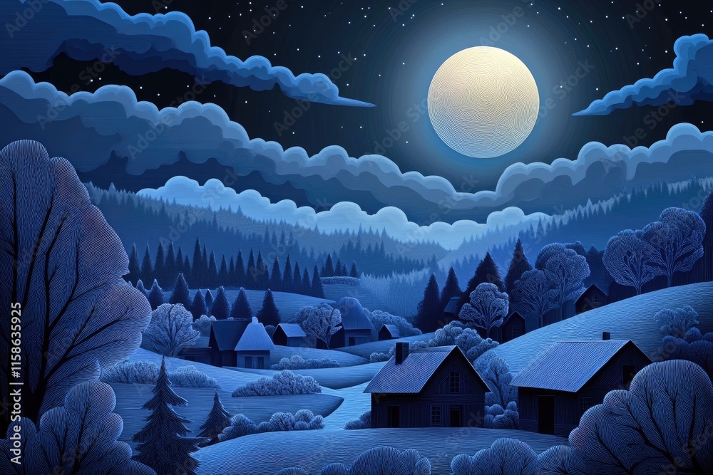 Fototapeta premium A glowing moonlit night over a quiet village in a layered paper - cut style