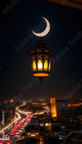 A large, vibrant lantern with a glowing light hanging above a serene cityscape at night during Ramadan. The lantern's detailed design and warm light create a cozy atmosphere, while the busy, illuminat photo