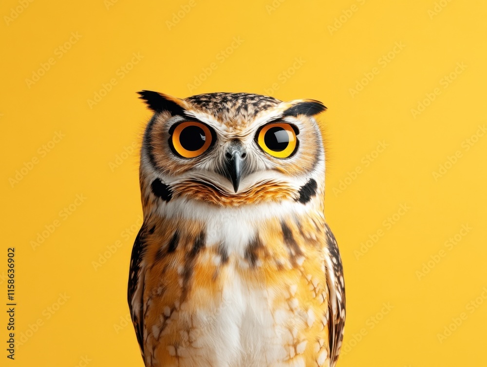 Fototapeta premium A studio portrait of a surprised owl with bright, wide eyes against a vivid yellow background. The owl's feathers are detailed and expressive.