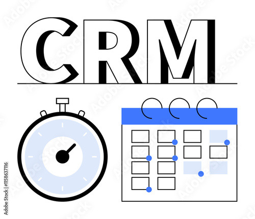 CRM text stopwatch and calendar. Ideal for business management, scheduling, productivity, CRM, time management, organization, planning. Line metaphor