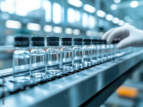 A gloved hand inspects medical vials moving along an industrial production line in a sterile environment, highlighting attention to quality control. photo