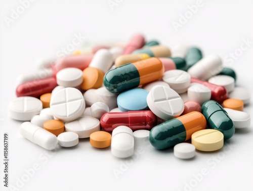 A collection of various colored capsules and tablets scattered on a white background, showcasing diversity in pharmaceutical forms.