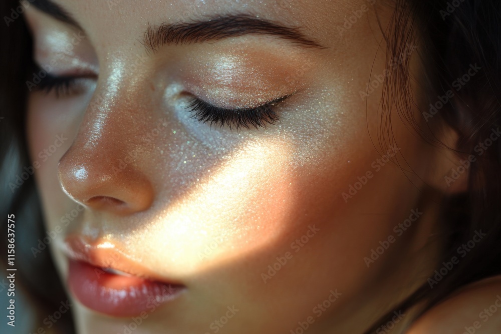 Naklejka premium Close-up of a woman\'s face showcasing radiant skin illuminated by soft sunlight in a serene indoor setting