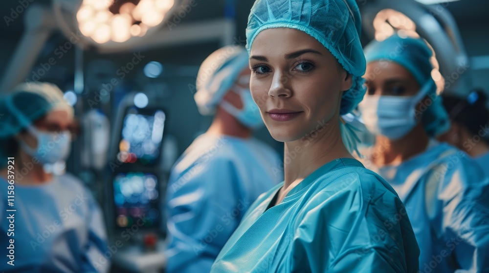 Surgeons working in an operating room during a complex medical procedure at a hospital in the evening Surgeons working in an operating room during a complex medical procedure at a hospital in the evening