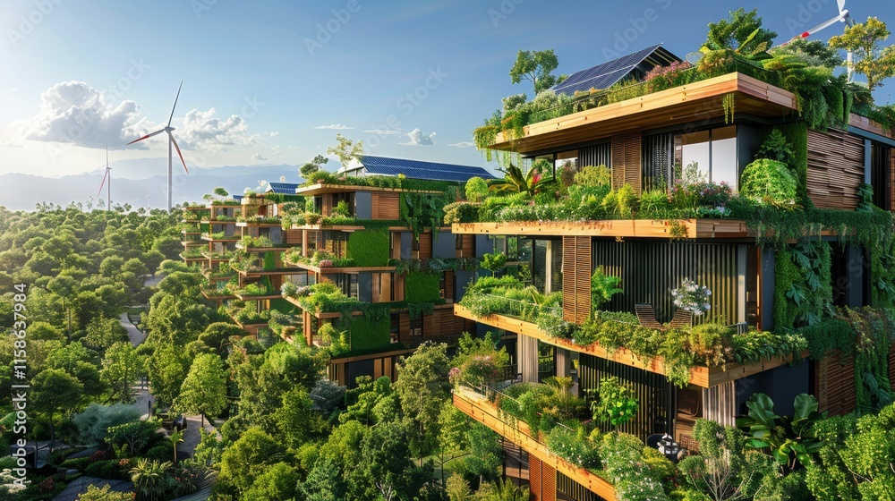 Modern eco-friendly buildings with green facades in a lush urban environment showcasing sustainable architecture amid nature Modern eco-friendly buildings with green facades in a lush urban environment showcasing sustainable architecture amid nature