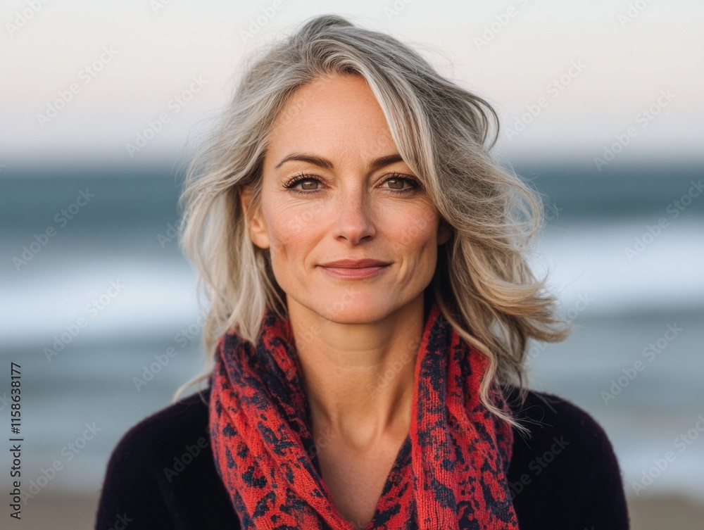 A happy mature woman with gray hair smiles at the beach. She wears a patterned red scarf, with a calm ocean and sky in the background. A happy mature woman with gray hair smiles at the beach. She wears a patterned red scarf, with a calm ocean and sky in the background.