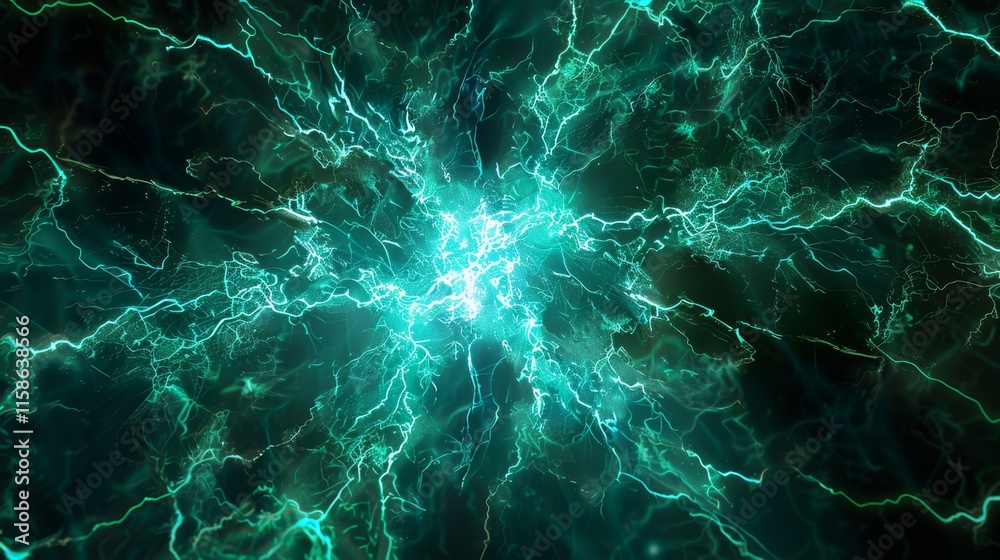 Obraz premium Vivid display of electric energy surging through a dark background with glowing turquoise lightning patterns