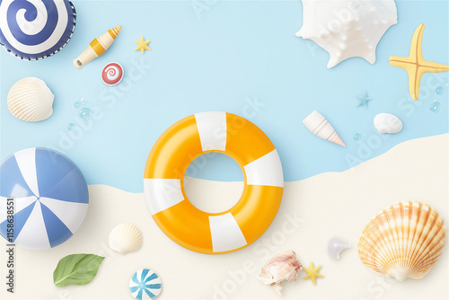 Summer beach-themed objects like a lifebuoy, shells, and starfish on a light sandy blue background. Great for designs or copy space needs. photo