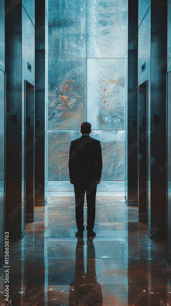 Businessman standing in a modern corridor with abstract art windows during late afternoon Businessman standing in a modern corridor with abstract art windows during late afternoon
