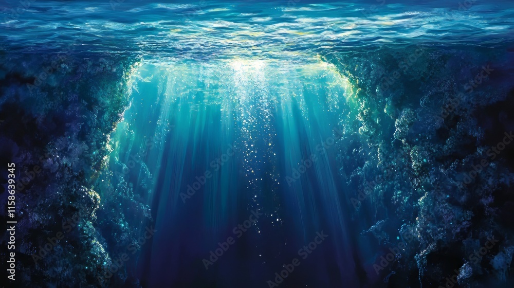 Obraz premium surreal underwater scene as if gazing down into an endless abyss from above.