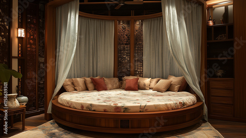 Elegant circular wooden bed with floral bedding, surrounded by soft curtains and warm lighting in a cozy interior. photo