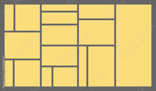 Dimensions 16x9 trendy bento grid layout style brick Ui UX templates. Web comic grids with right angles. Different panel layouts with y2k and brutal shapes tiles of different sizes Vector illustration photo