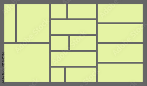 Dimensions 16x9 trendy bento grid layout style brick Ui UX templates. Web comic grids with right angles. Different panel layouts with y2k and brutal shapes tiles of different sizes Vector illustration