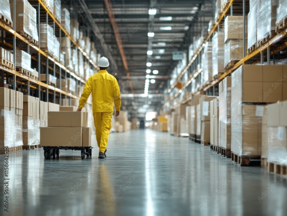 A worker in yellow uniform pushes a trolley loaded with cardboard boxes through a spacious warehouse with tall shelves and industrial lighting. A worker in yellow uniform pushes a trolley loaded with cardboard boxes through a spacious warehouse with tall shelves and industrial lighting.