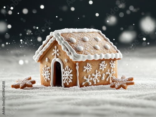 A charming gingerbread house with intricate white icing designs sits amidst a snowy background, evoking a festive and magical holiday atmosphere. photo