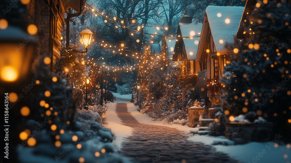 A snow-covered village pathway illuminated by glowing string lights, surrounded by festive decorated cottages. A snow-covered village pathway illuminated by glowing string lights, surrounded by festive decorated cottages.