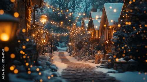 A snow-covered village pathway illuminated by glowing string lights, surrounded by festive decorated cottages. photo