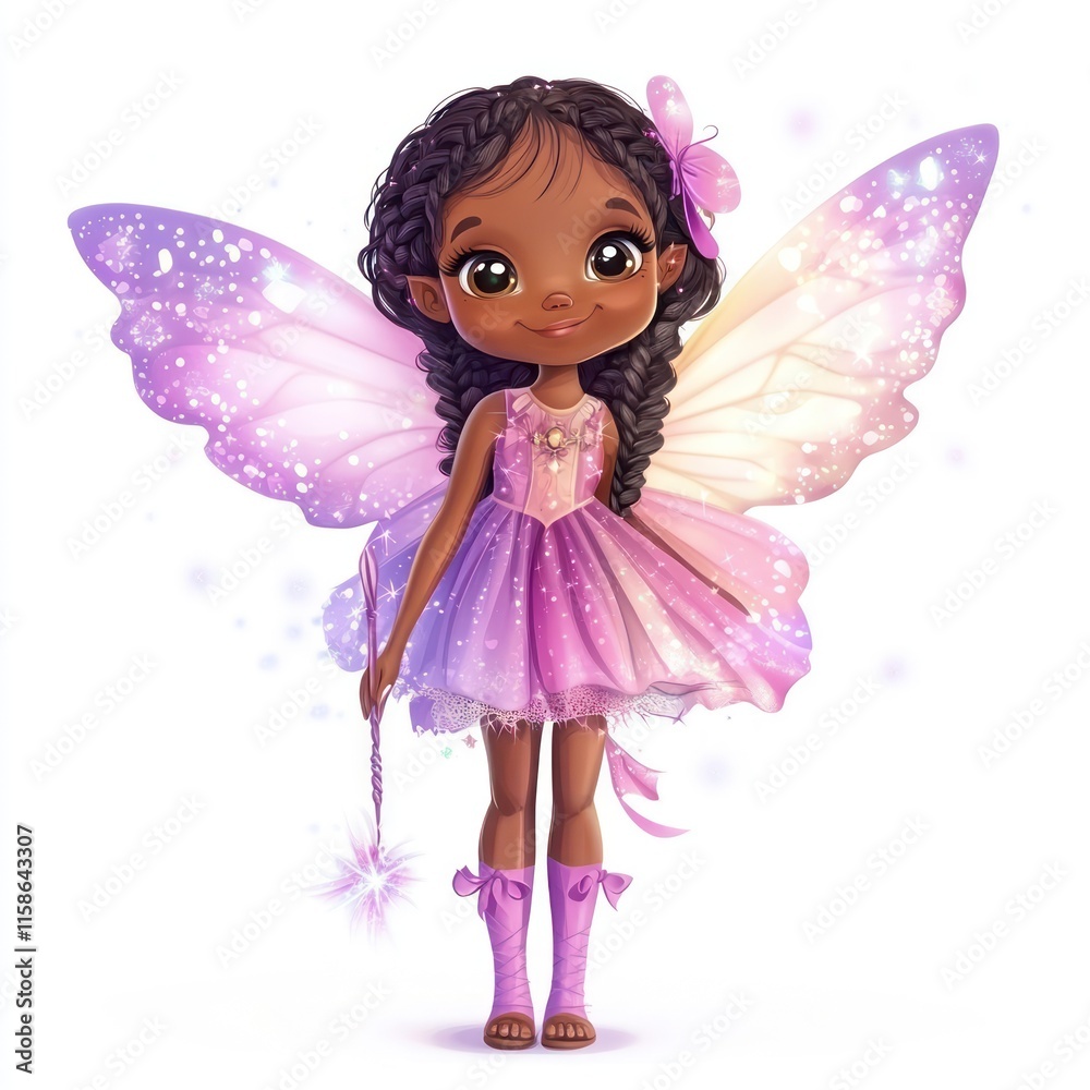 A girl with braids, dressed as a fairy with wings and a wand. vector style art 3d illustration Isolated on White Background A girl with braids, dressed as a fairy with wings and a wand. vector style art 3d illustration Isolated on White Background