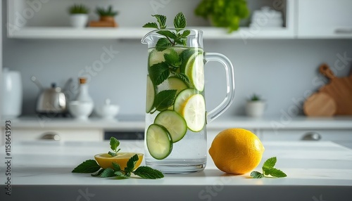 A pitcher of crystal-clear water infused with cucumber slices, fresh mint leaves, and lemon, placed on a minimalist white kitchen counter. Stock photography 32K, UHD, Ultra HD quality, high quality