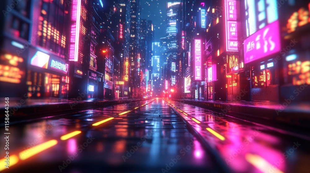 Cyberpunk city street at night, neon lights reflecting on wet asphalt.