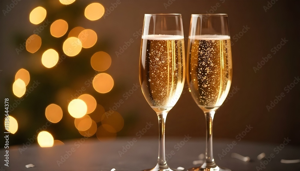 wo flutes of golden champagne with tiny bubbles rising, elegantly placed on a table with a bokeh background of twinkling fairy lights. Stock photography 32K, UHD, Ultra HD quality, high quality wo flutes of golden champagne with tiny bubbles rising, elegantly placed on a table with a bokeh background of twinkling fairy lights. Stock photography 32K, UHD, Ultra HD quality, high quality
