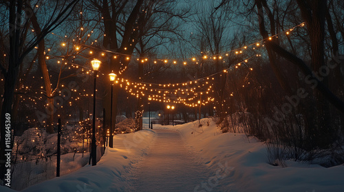 A snowy pathway illuminated by glowing string lights and streetlamps surrounded by trees in a tranquil evening scene. photo