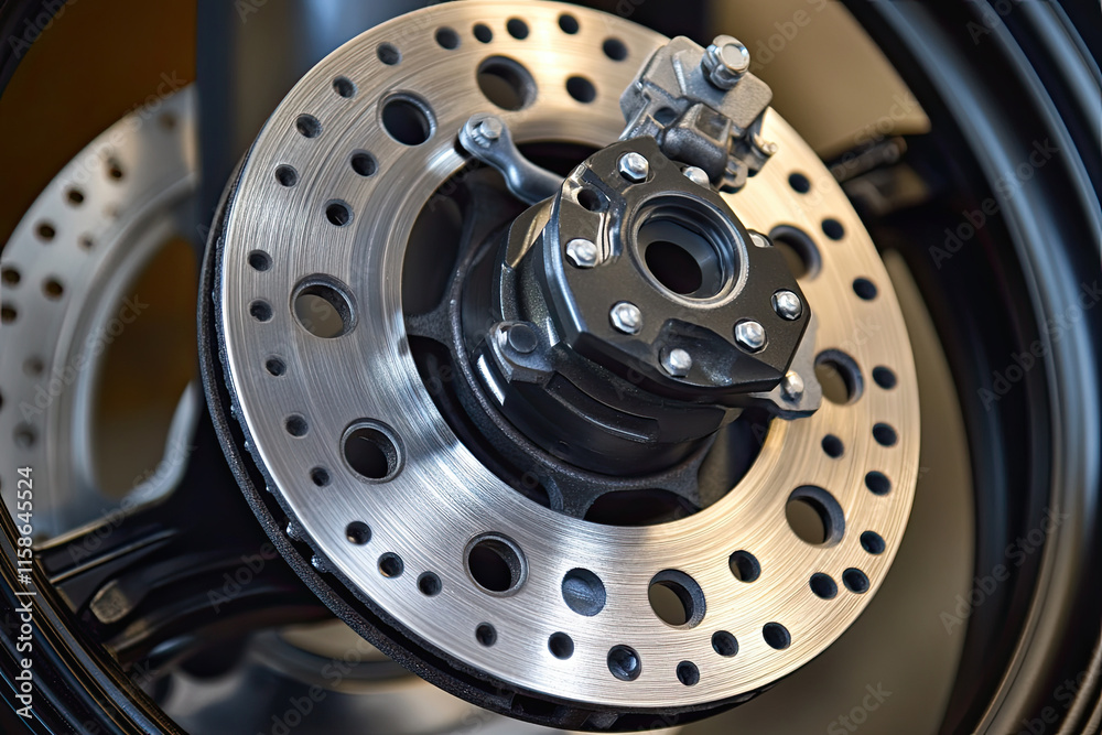 Motorcycle brake disc, specifically a front rotor with drilled holes for heat dissipation and a mounting bracket for secure installation Motorcycle brake disc, specifically a front rotor with drilled holes for heat dissipation and a mounting bracket for secure installation