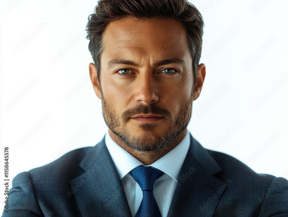 Portrait of a confident middle-aged businessman in a suit, exuding leadership and determination with a poised expression. Portrait of a confident middle-aged businessman in a suit, exuding leadership and determination with a poised expression.