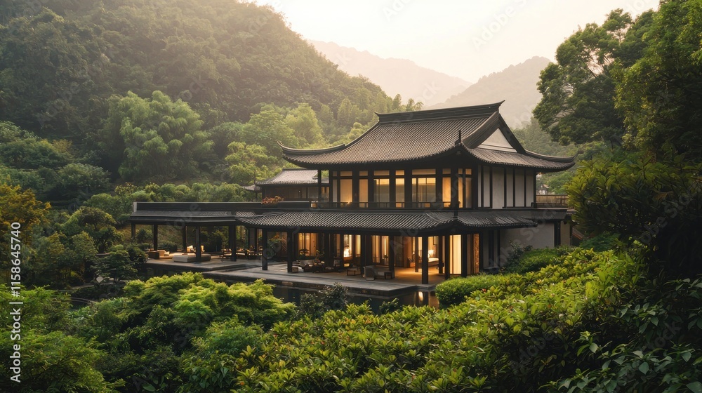 Fototapeta premium Luxurious Asian-style house nestled in lush green mountains at sunset.