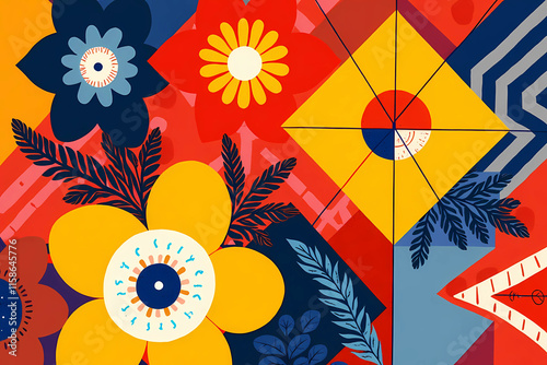 Abstract geometric pattern with folk art elements in warm colors 