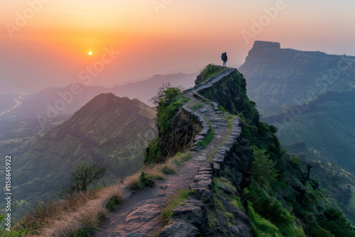 Back view of hiker stands walks on mountain ridge, overlooking breathtaking sunrise with clouds and peaks in the distance, evoking sense of freedom and serenity