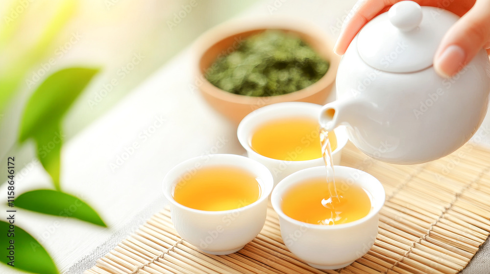 Tea Ceremony: A serene and tranquil scene of a hand pouring steaming tea from a white teapot into delicate porcelain cups, set upon a bamboo mat. The gentle sunlight bathes the scene in warmth. Tea Ceremony: A serene and tranquil scene of a hand pouring steaming tea from a white teapot into delicate porcelain cups, set upon a bamboo mat. The gentle sunlight bathes the scene in warmth.