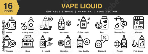 Vape Liquid icon set. Editable Stroke Icon Collection. Includes liquid, smoke, vaporizer, electronic, nicotine, bottle, and More. Outline icons vector collection.