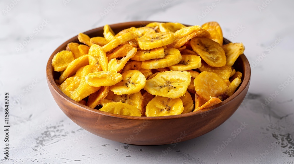 Crispy Banana Chips in Wooden Bowl Crispy Banana Chips in Wooden Bowl