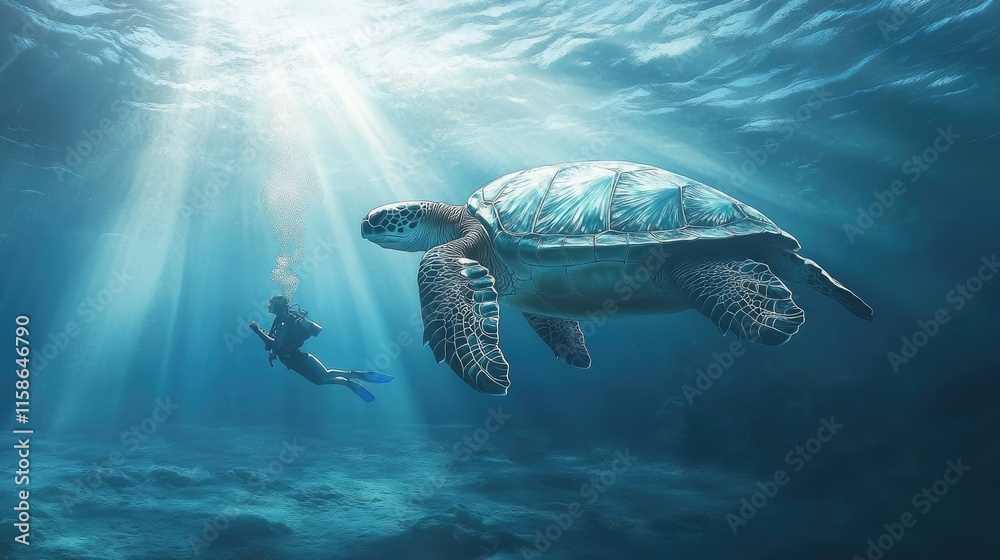 Obraz premium A diver swims alongside a graceful sea turtle in a serene underwater scene.