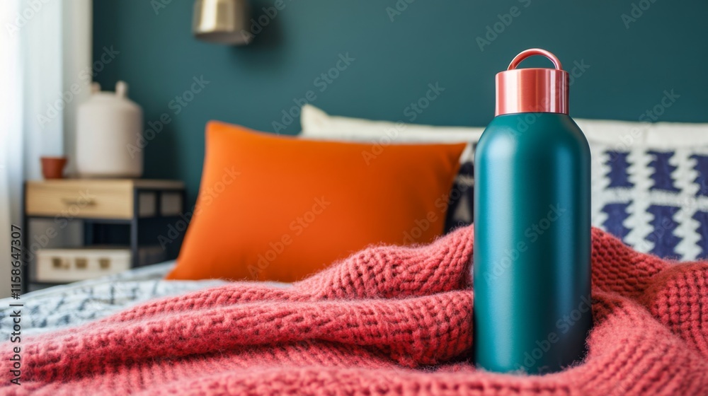 Hot water bottle resting on a cozy bed, providing warmth and comfort during cold nights. Embracing the simple pleasures of home and relaxation. Hot water bottle resting on a cozy bed, providing warmth and comfort during cold nights. Embracing the simple pleasures of home and relaxation.