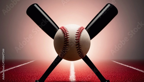 Silhouette Baseball Bats Crossed, Hand Drawn Ball, Championship Sports, Play Hard Win, Red Lacing, Dramatic Lighting photo